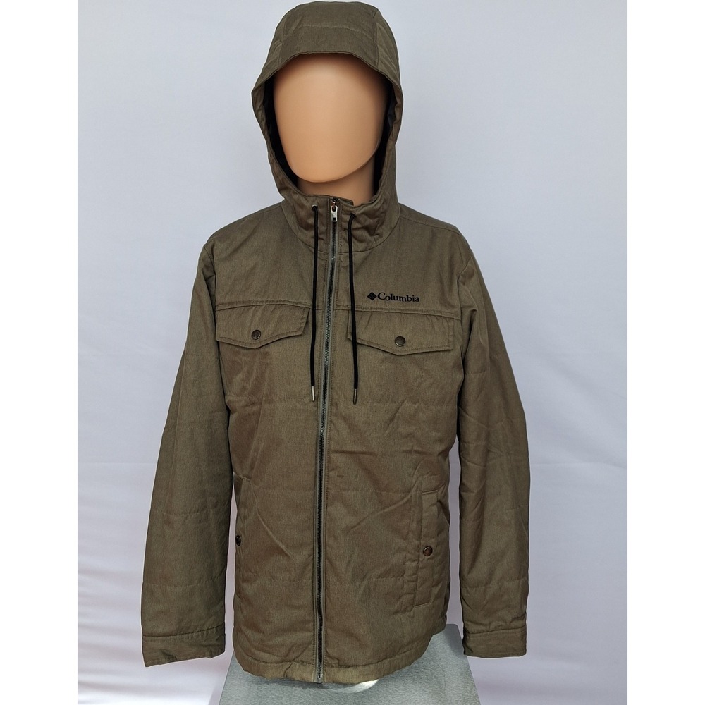 Columbia Mens Hooded Field Jacket Olive Green Herringbone Quilted Full Zip